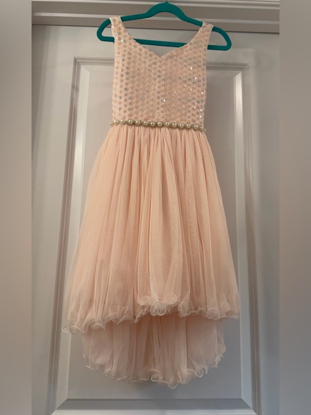 American Princess Blush Pink Pearl-Trim Tulle Pageant Flower Girl Dress Sz 10